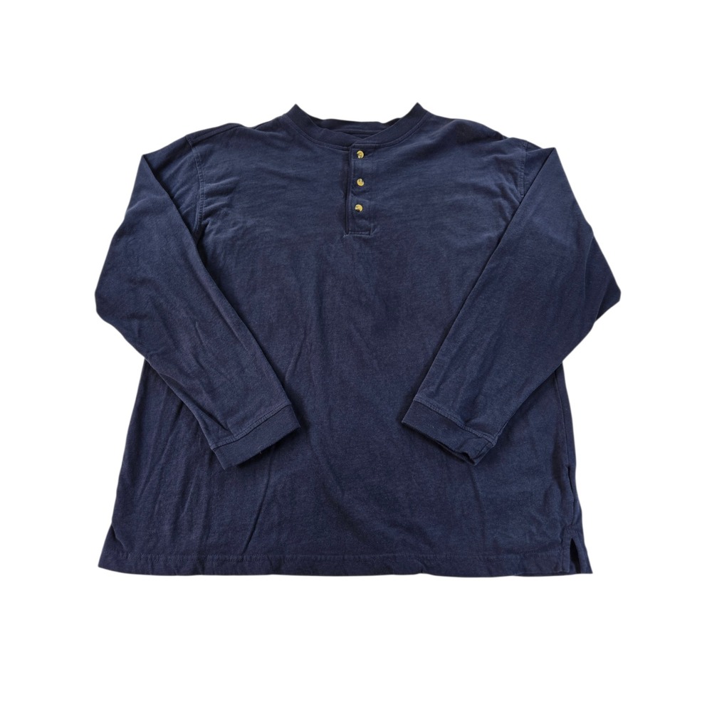 Puritan Mens Large Long Sleeve 100% Cotton Henley Tee Shirt Navy Blue Super Soft